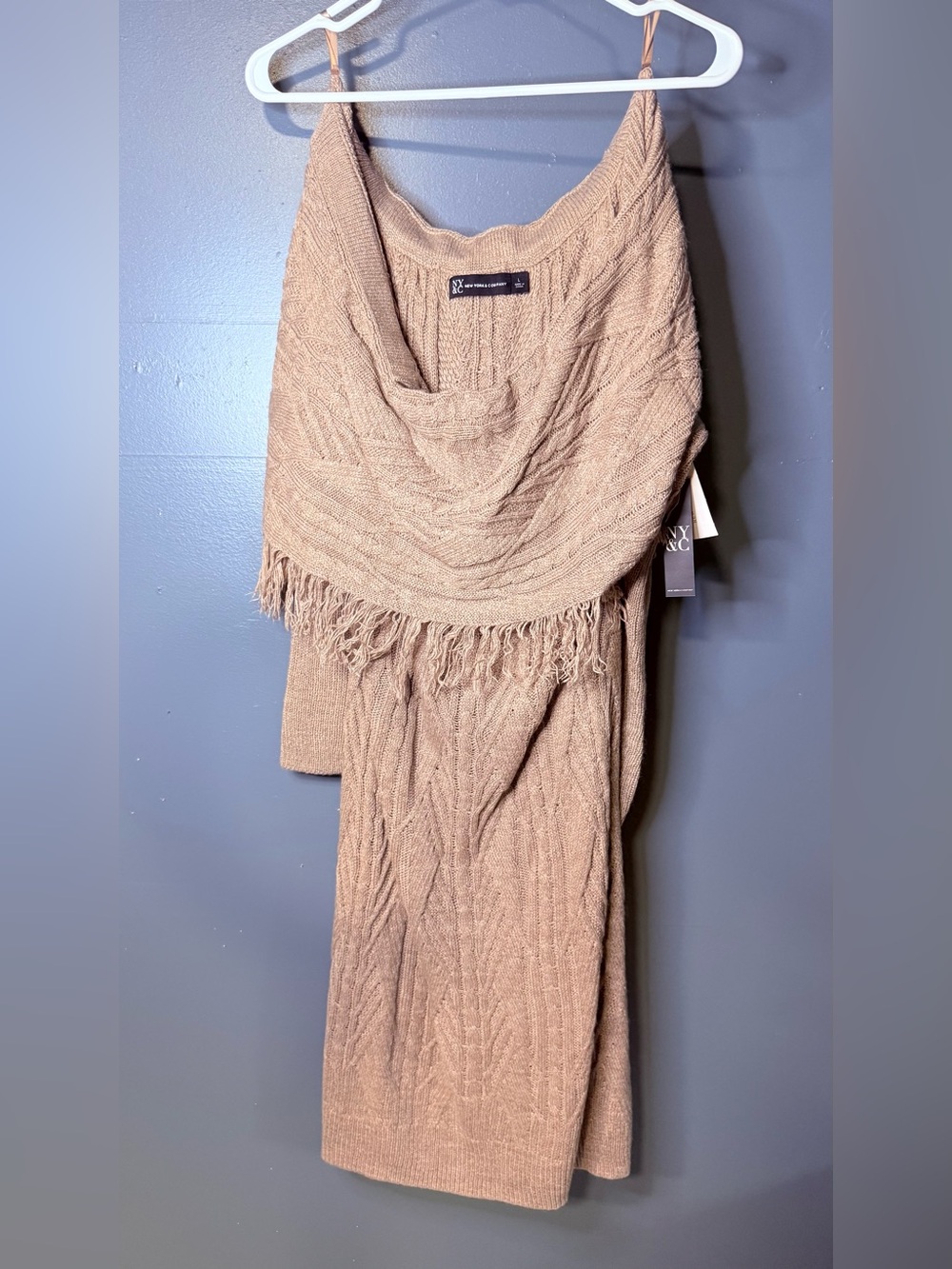 New York & Company Cable Knit Fringe Scarf in Beige